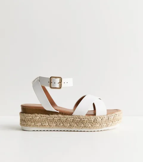 White Faux Leather Espadrille Flatform Sandals Vegan