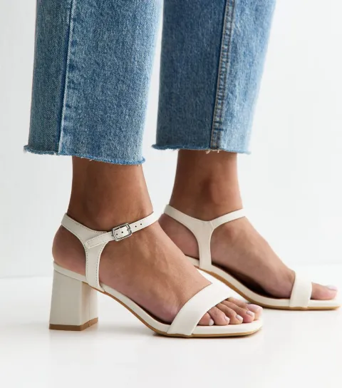 Off White Faux Leather Square Toe Block Heel Sandals Vegan