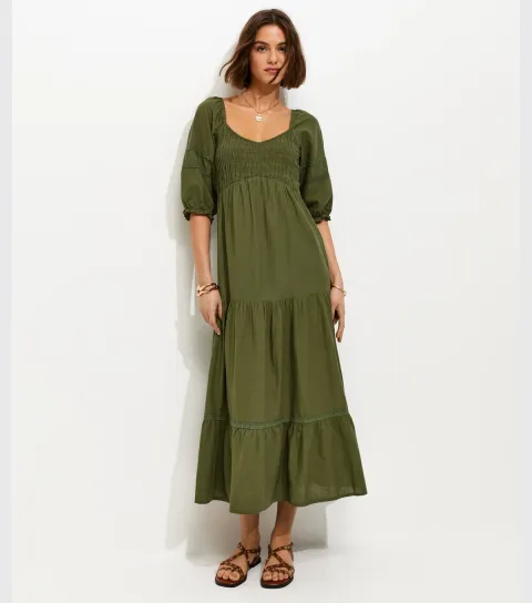 Dark Khaki Shirred Milkmaid Midi Dress