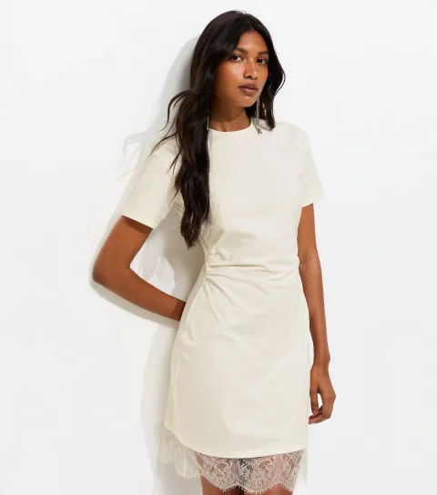 Cream Cotton Rich Ruched Lace Hem T-Shirt Dress