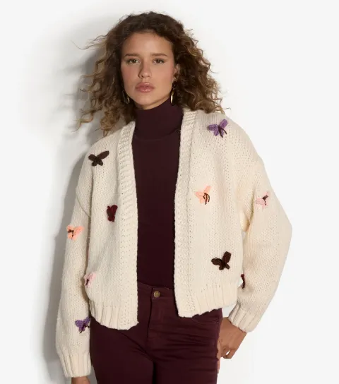 Cream Crochet Butterfly Knitted Cardigan