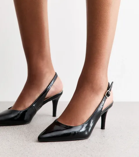 Black Faux Patent Slingback Pumps Vegan
