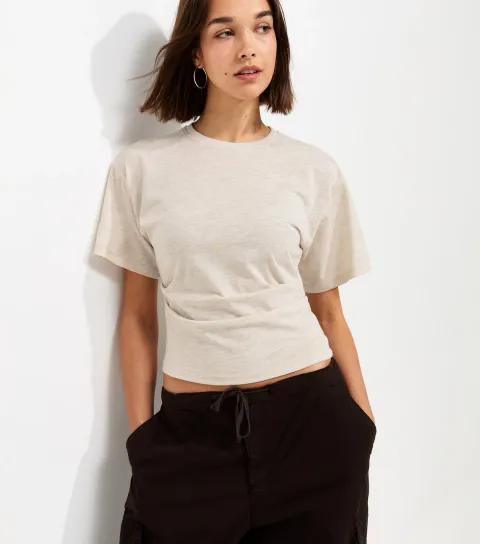 Oatmeal Ruched Waist Crew Neck T-Shirt