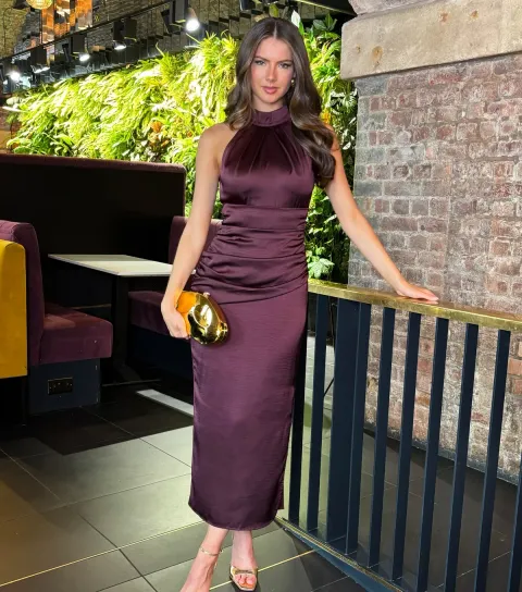 Satin Purple Halter Neck Midi Dress