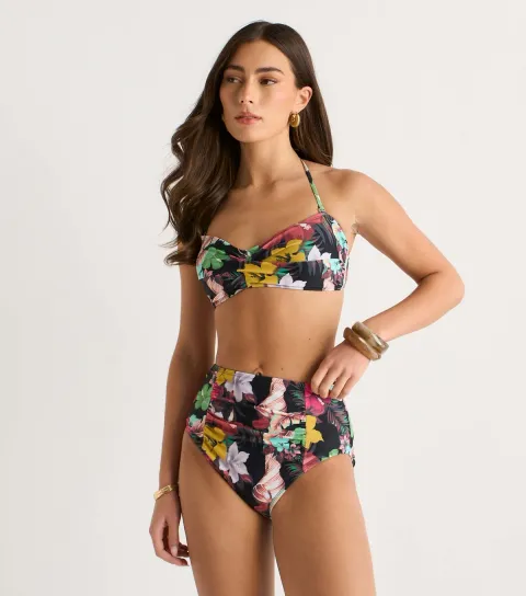 Multicolour Floral Print Ruched Panel Bikini Bottoms