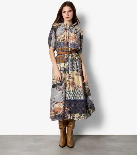 Blue Patchwork Print Midi Dress