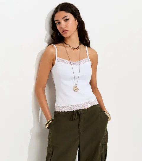 White Cotton Rich Lace Trim Cami Top