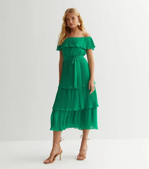Green Pleated Bardot Midi Dress