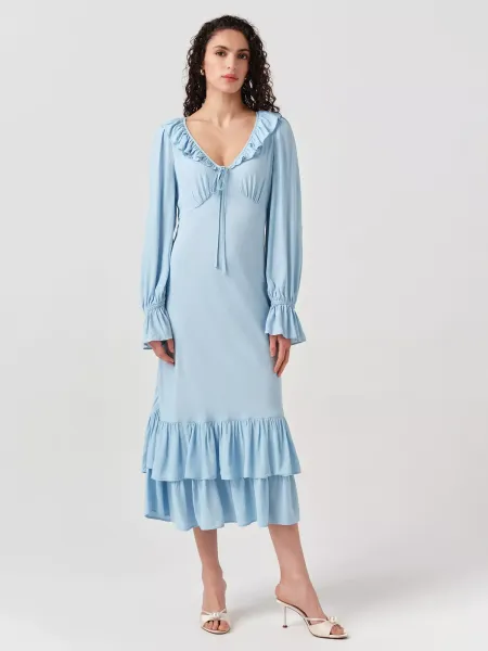 Ghost Melina Crepe Ruffle Hem Midi Dress