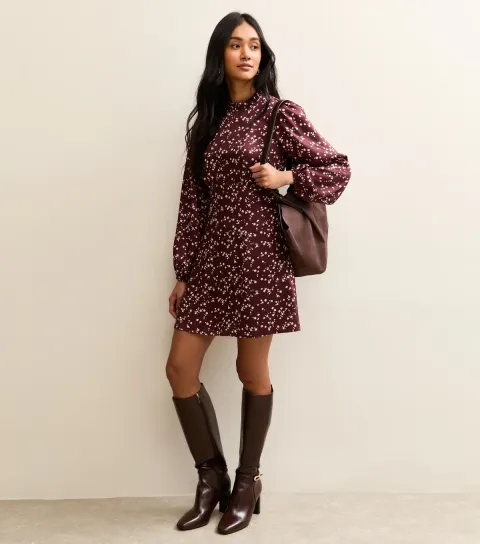 Burgundy Ditsy Speckled Long Sleeve Satin Mini Dress