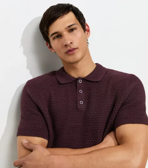 Dark Purple Cotton Rich Basket Knit Buttoned Polo Shirt
