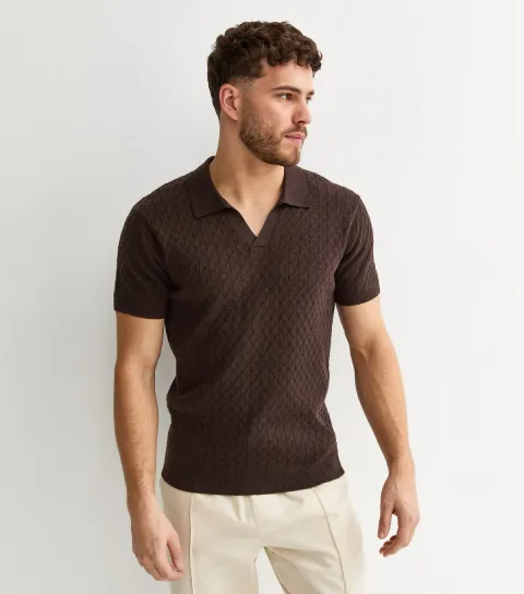 Dark Brown Cable Knit Collared Polo Shirt