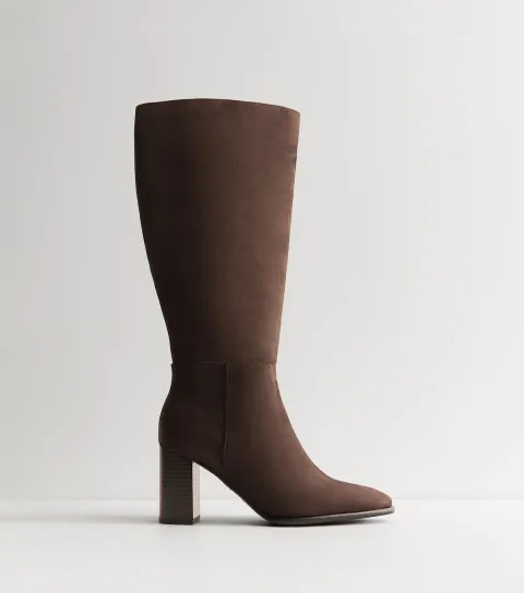 Brown Faux Suede Stacked Heel Knee High Boots Vegan
