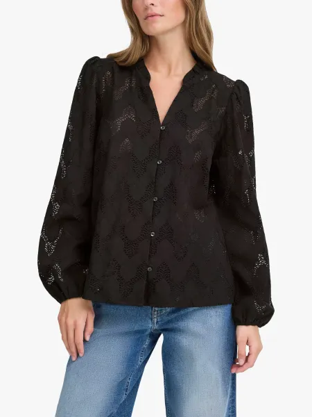 ICHI Junela Cotton Blend Long Sleeve V Neck Blouse