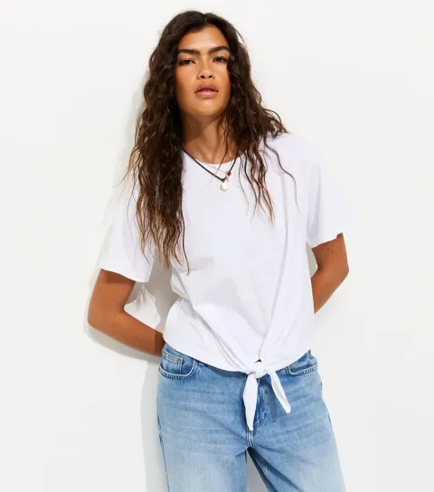 White Cotton Tie Front T-Shirt