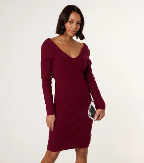Burgundy Knit Bow Back V-Neck Mini Dress