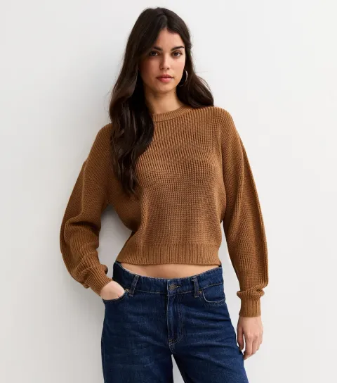 Tan Ribbed Crew Neck Knit Jumper