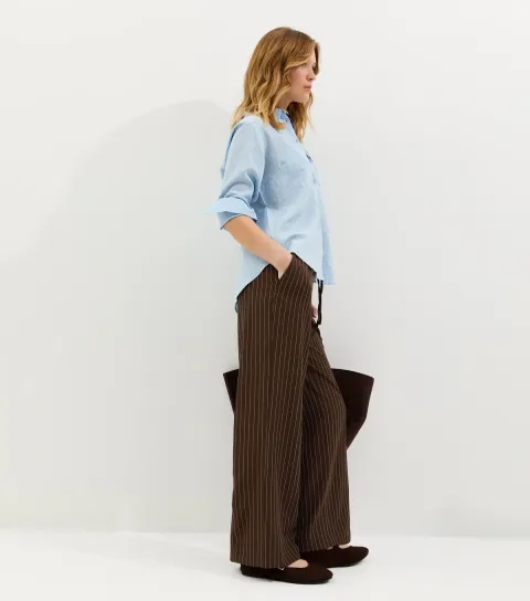 Brown Pinstripe Wide Leg Trousers