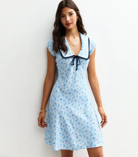 Light Blue Floral Print Collared Mini Dress
