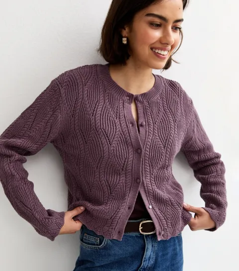Light Purple Cotton Rich Ladder Stitch Scallop Trim Knitted Cardigan