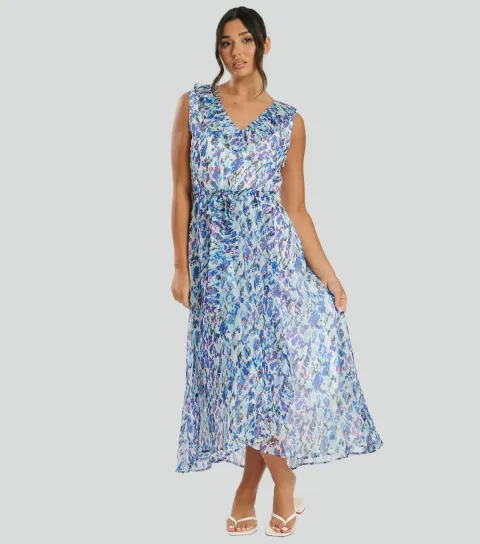 Blue Printed Frilly Trim Midi Dress