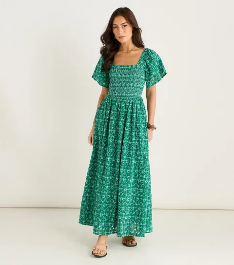 Green Floral Broderie Midi Dress