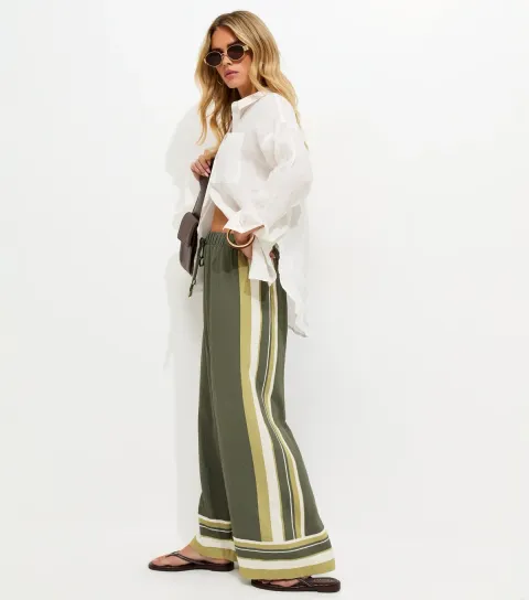 Petite Green Striped Border Wide Leg Trousers