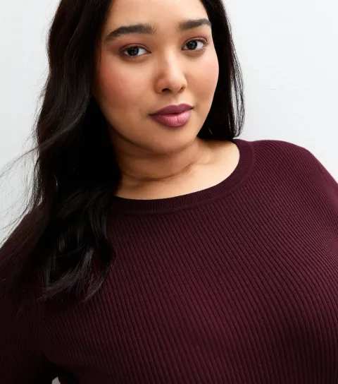 Plus Size Burgundy Ribbed Knit Crew Neck Jumper Curves