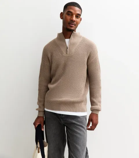 Mink Regular Quarter Zip Funnel Neck Jumper