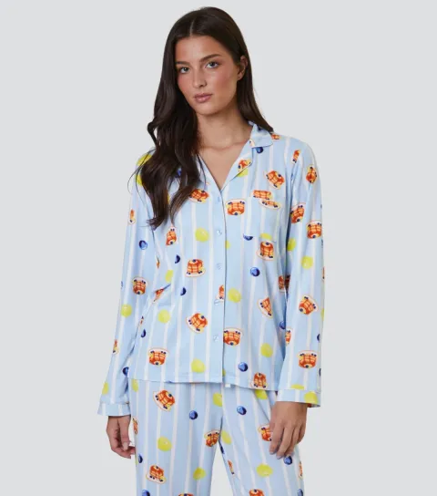 Blue Pancake Print Long Sleeve Top and Trousers Pyjama Set