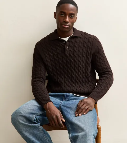 Dark Brown Regular Polo Cable Knit Jumper