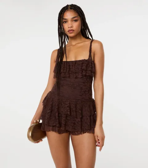 Dark Brown Floral Lace Mini Dress