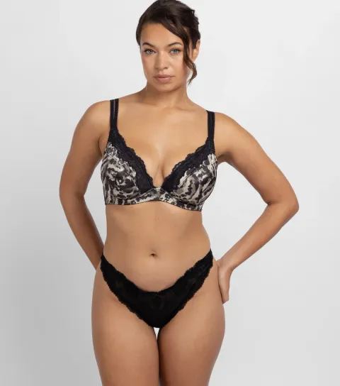 Black Printed Lace Trimmed Plunge Bra