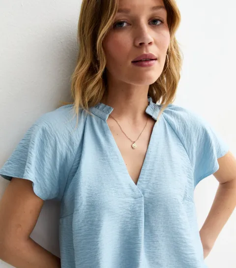 Blue Crinkled Flutter Sleeve Blouse