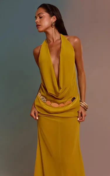 Mustard Plunge Front Open Back Beach Dress