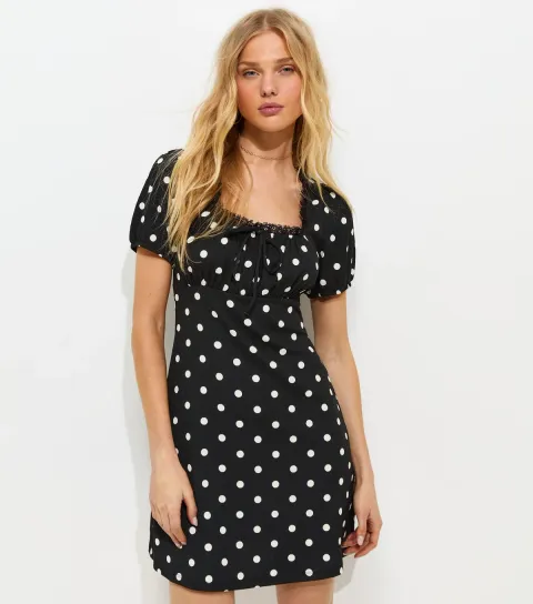 Black Crinkle Texture Spotted Milkmaid Mini Dress