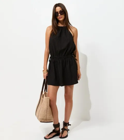 Black Dropped Waist Halter Neck Mini Dress