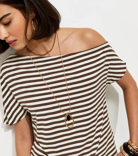 Brown Striped Jersey Off The Shoulder Top