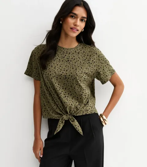 Khaki Speckled Print Tie Front T-Shirt