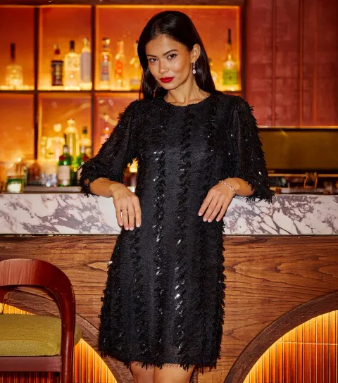 Black Sequin Short Sleeve Tunic Mini Dress