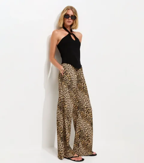 Brown Animal Print Wide Leg Trousers