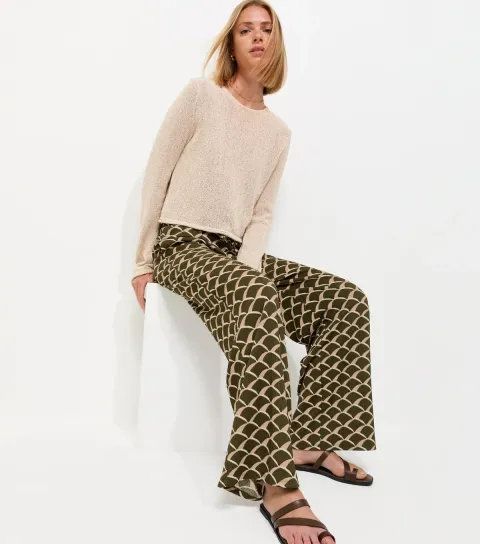 Green Crinkle Texture Geometric Print Wide Leg Trousers