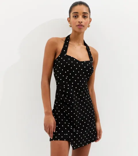 Black Polka Dot Halter Neck Mini Dress