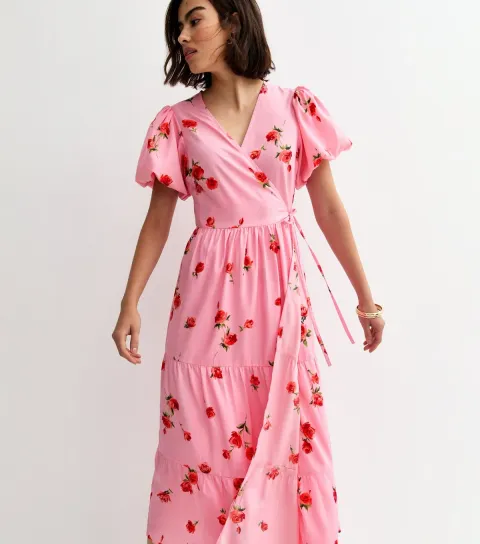 Pink Crepe Rose Print Wrap Midi Dress