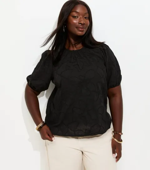 Plus Size Black Floral Embroidered Puff Sleeve T-Shirt Curves