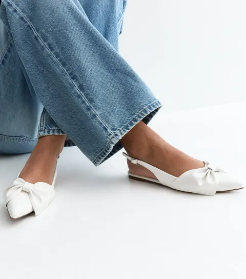 White Faux Leather Bow Applique Slingback Flats Vegan