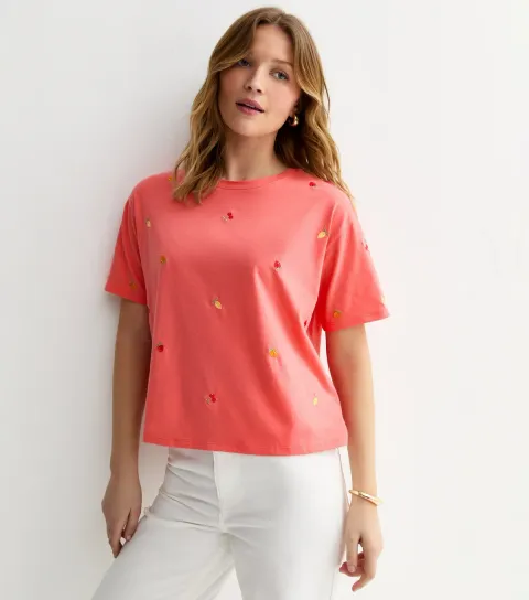 Orange Cotton Boxy Embroidered Fruit T-Shirt