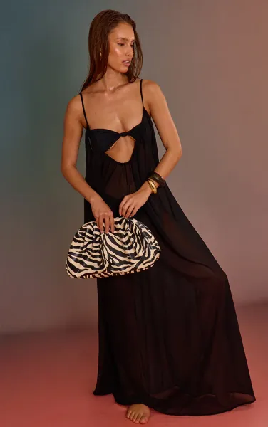 Black Ruched Plunge Chiffon Maxi Beach Dress