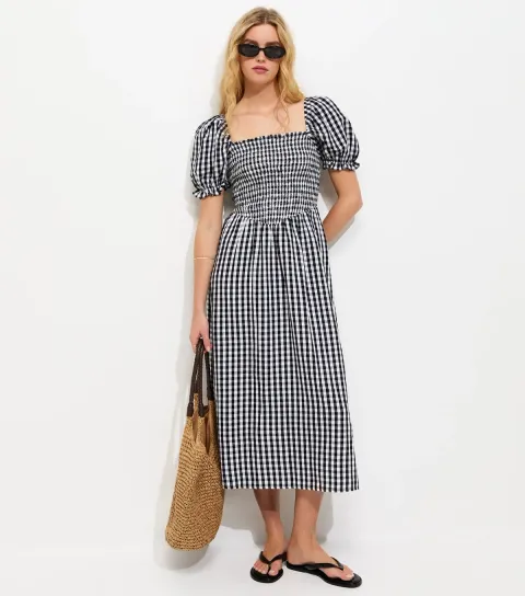 Black Gingham Shirred Puff Sleeve Midi Dress