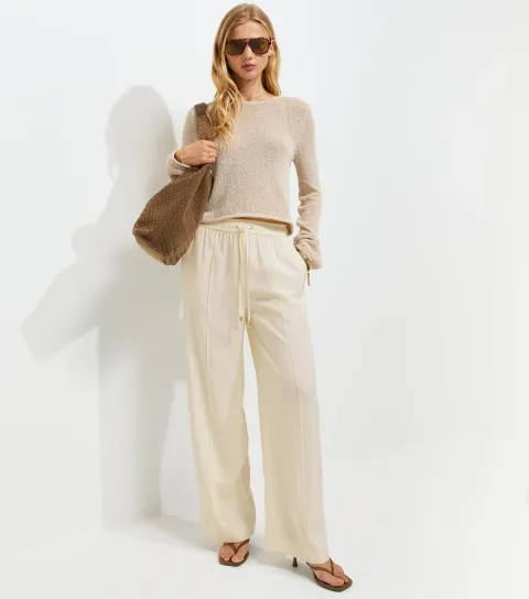 Cream Drawstring Front Crease Wide Leg Trousers